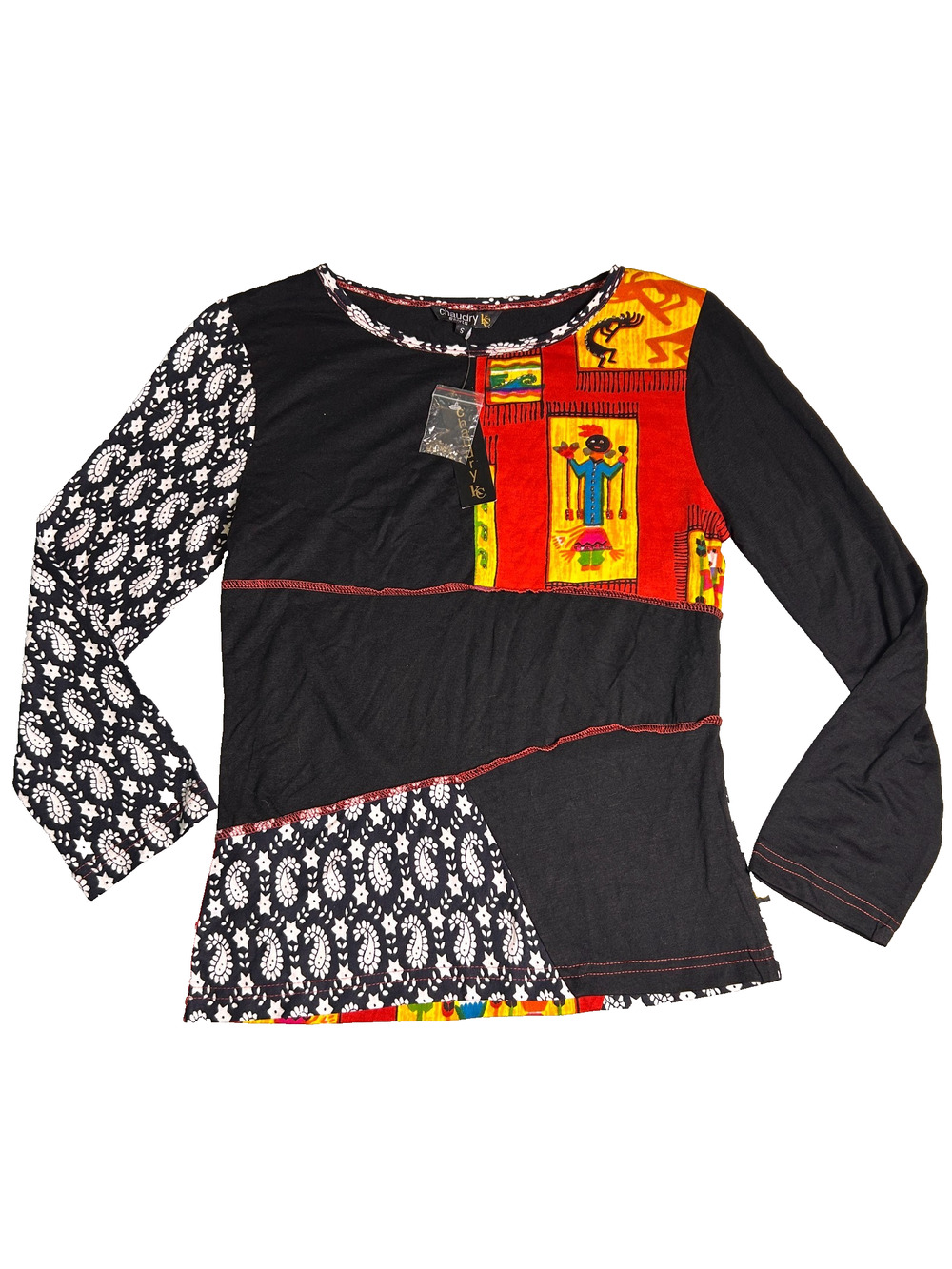 NWT Chaudry Sports Boho Patchwork Shirt Womens S Long Sleeve Folk Artsy Graphic